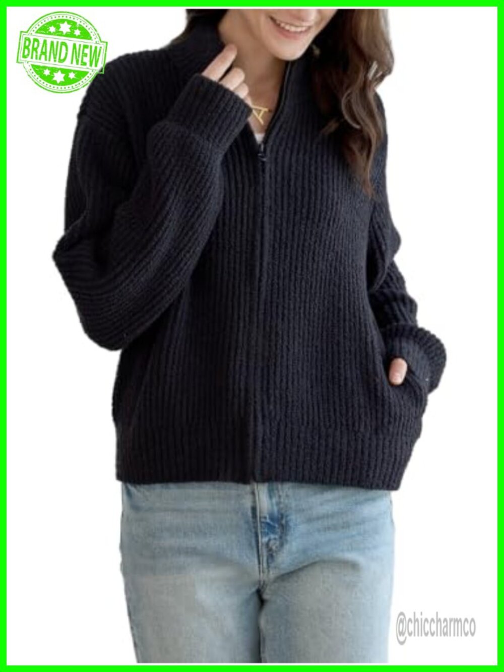 Mock Neck Zip Up Cardigan Sweater with Pockets